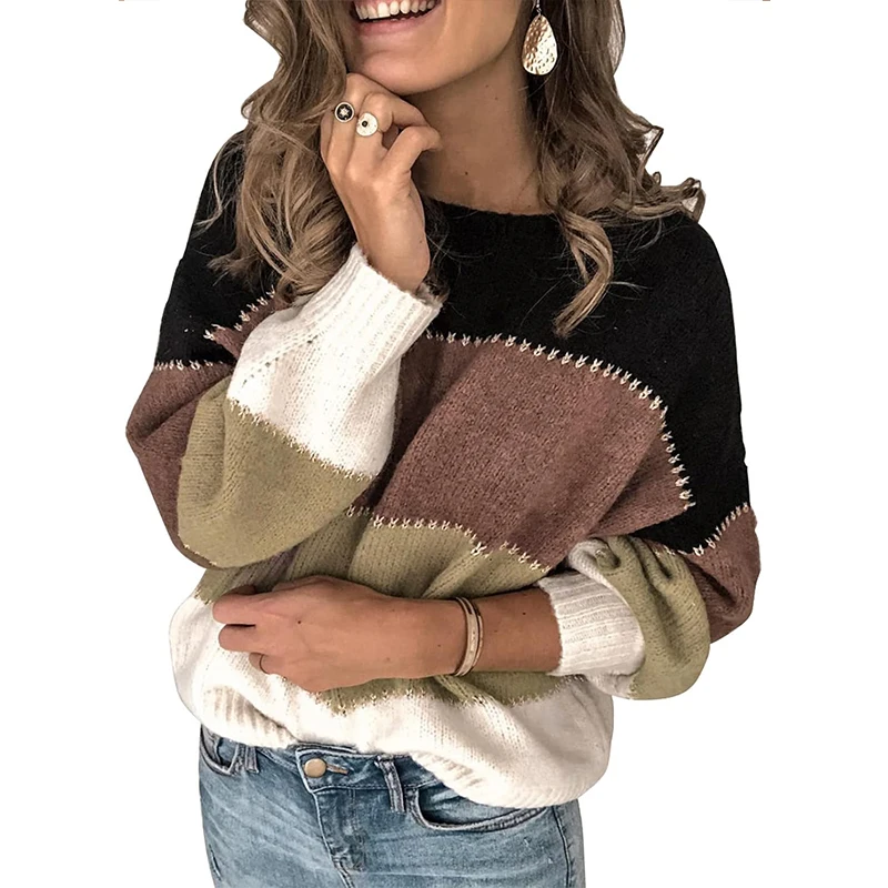 OEM  wholesale women  knitted crop tops color block patchwork sweaters long sleeve crochet coverup trendy autumn sweater