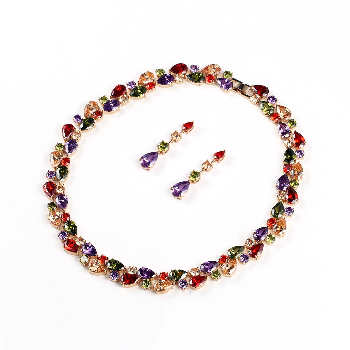 Rainbow Color Large Teardrop Cubic Zirconia CZ Crystal Necklace and Earrings Wedding Mona Lisa Jewelry Set