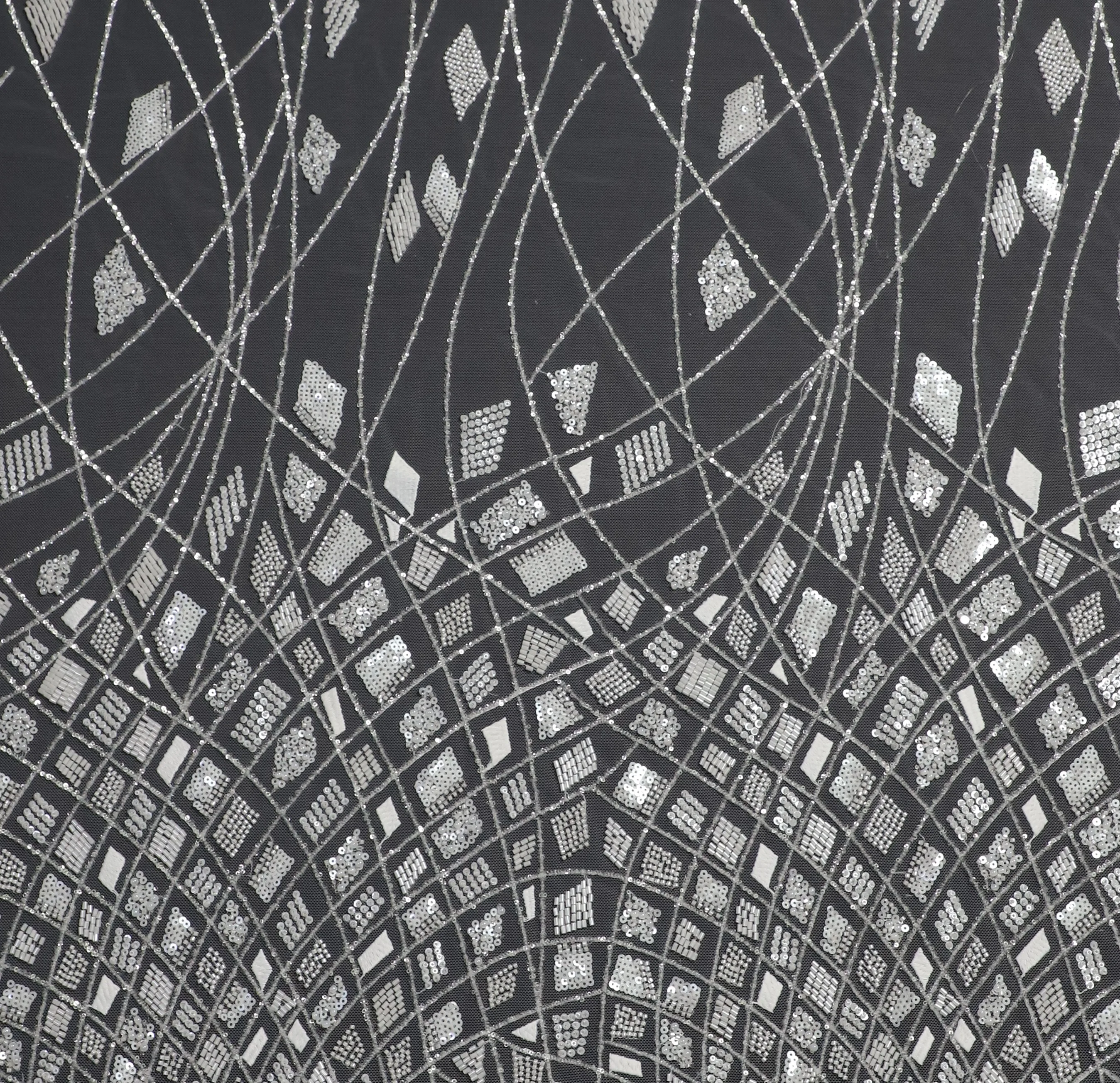 ZX081 Crystal Shining Sequin Lace Fabric in Geo Pattern, Machine Embroidery Beading Lace Wholesale Supply