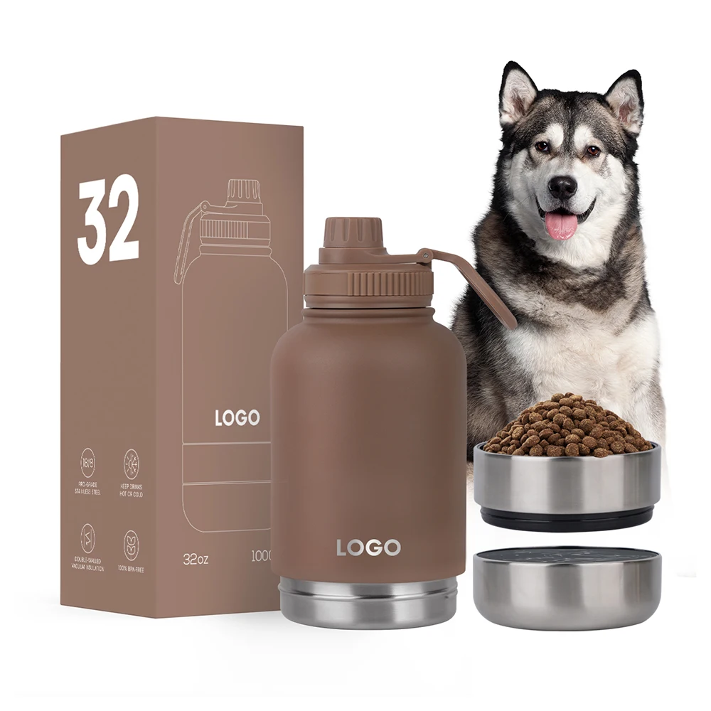 NEW ODM 3 in 1 double walled stainless steel pet water bottle dog feeding water bottles pet travel water feeder bottle