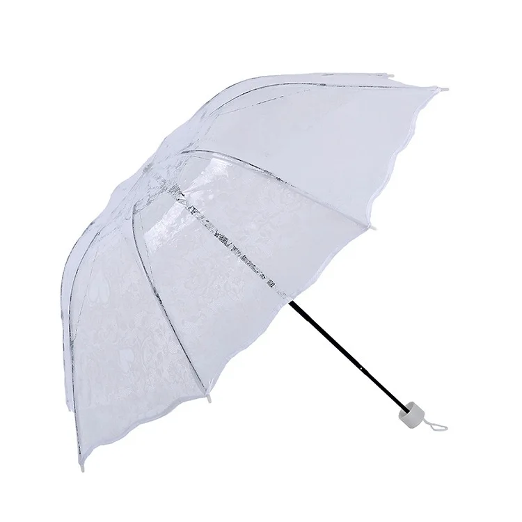New launch Korean lace folding transparent love clear umbrella super thick protection folding umbrella heart lace umbrella