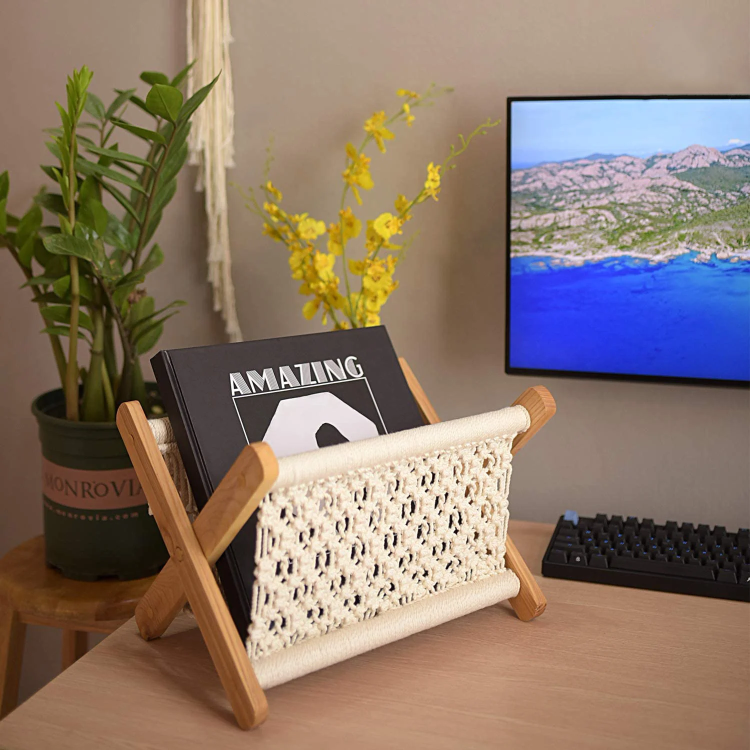 Bohemian Macrame Bamboo Book Holder for Magazine Newspaper Wooden Magazine Holder Bamboo Magazine Rack