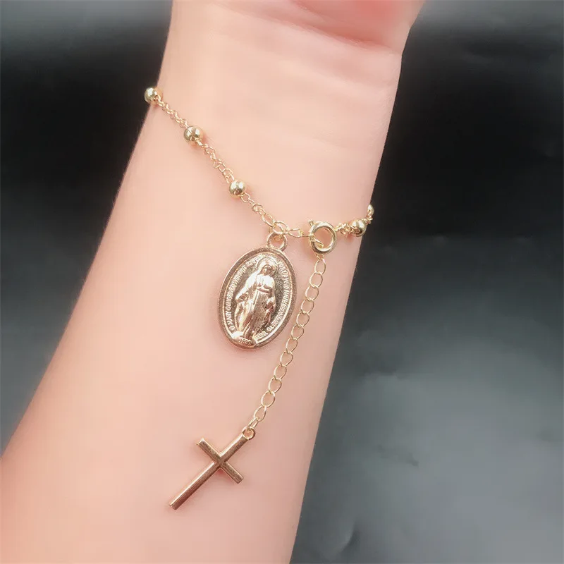 2024 Wholesale Fashion Religious Rosary Virgin Mary Charm Cross Pendant Pulsera Alloy Bead Link Chain Bracelets For Women Daily