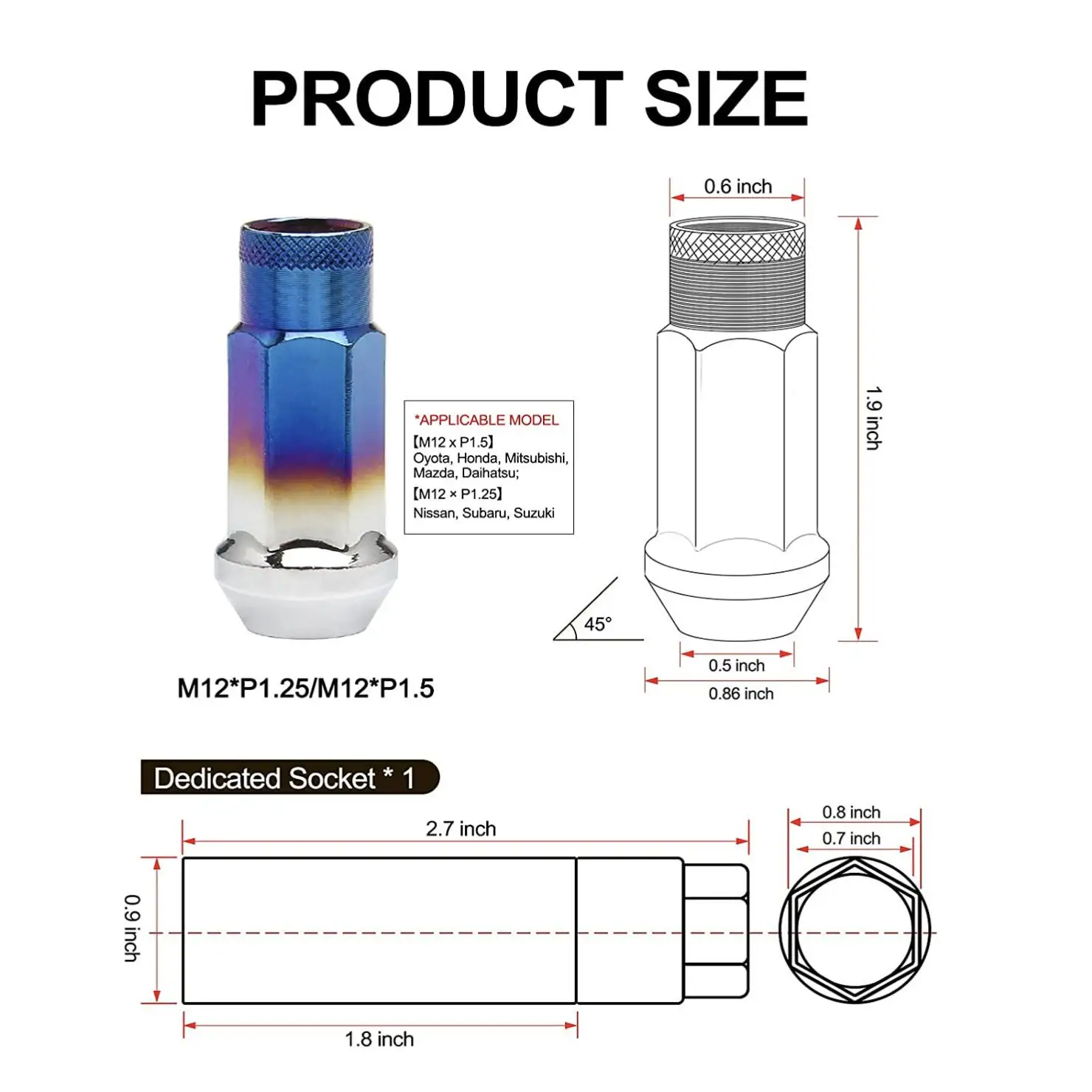 Custom Make Black Color Open End Lug Nut M12 M14 Titanium Wheel Lug Bolt