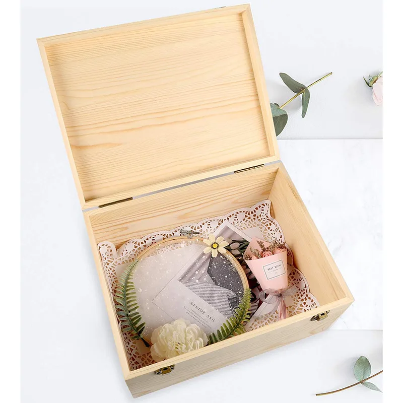 ESTICK Unfinished  Natural Unfinished Pine Wood Box with Hinged Lid and Front Clasp Wooden Box