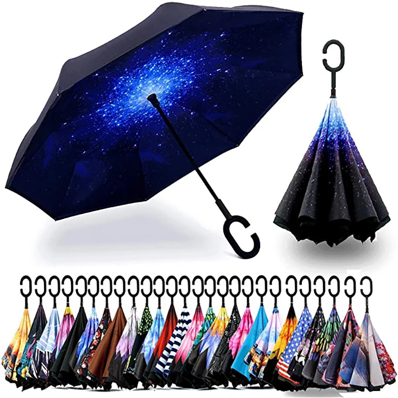 Digital Printing Custom Logo Factory Advertising Car Umbrella Rainproof Business C Handle Reverse Straight Umbrella