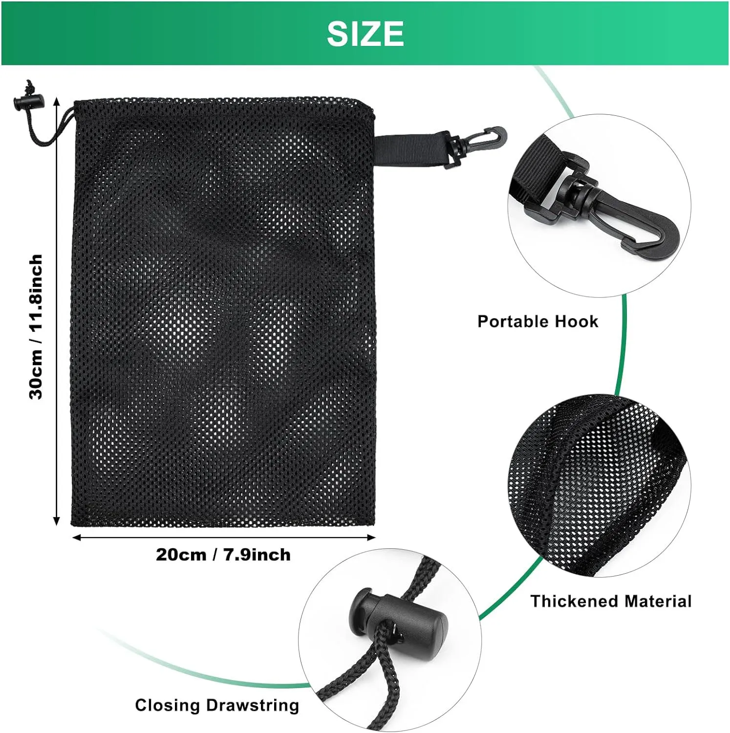 Strong Mesh Bag with Clips Nylon Drawstring  Bag with Cord Lock for Laundry Swimming Collecting Toys Sports Gym Beach Travel