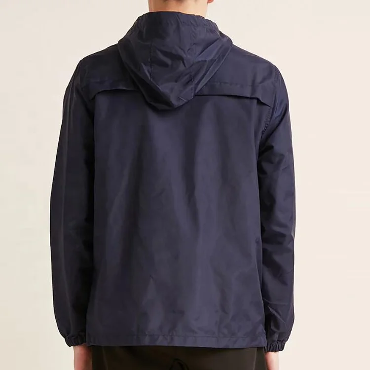 
custom pullover windbreaker men nylon half zip anorak jacket with front flap pocket drawstring hood with mesh lining 
