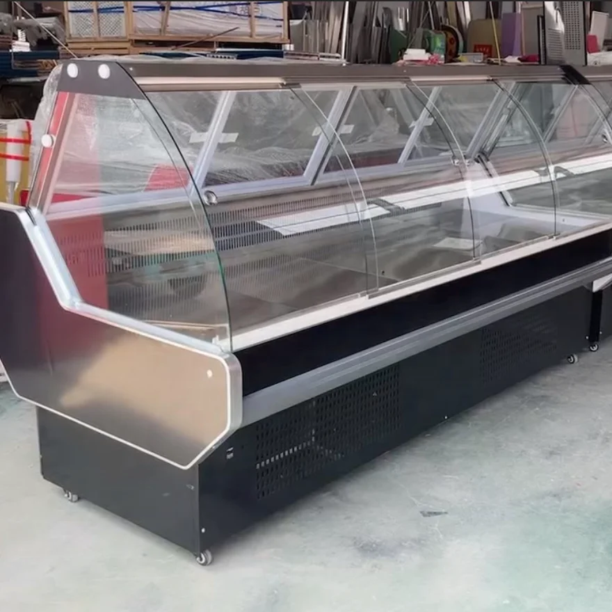 Butcher Shop Equipment Meat Frigerated Bank Meat Chiller Deli Meat Vertical Refrigerated Glass Seafood Display Showcase