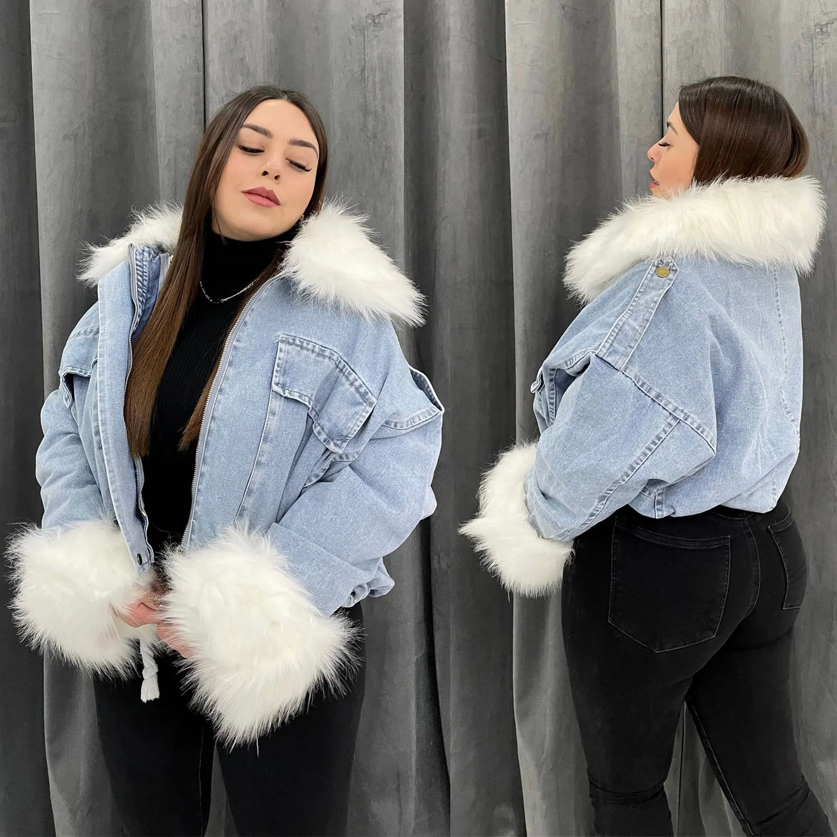 Wholesale winter fashion long sleeve denim coat black loose faux fur jean jacket women