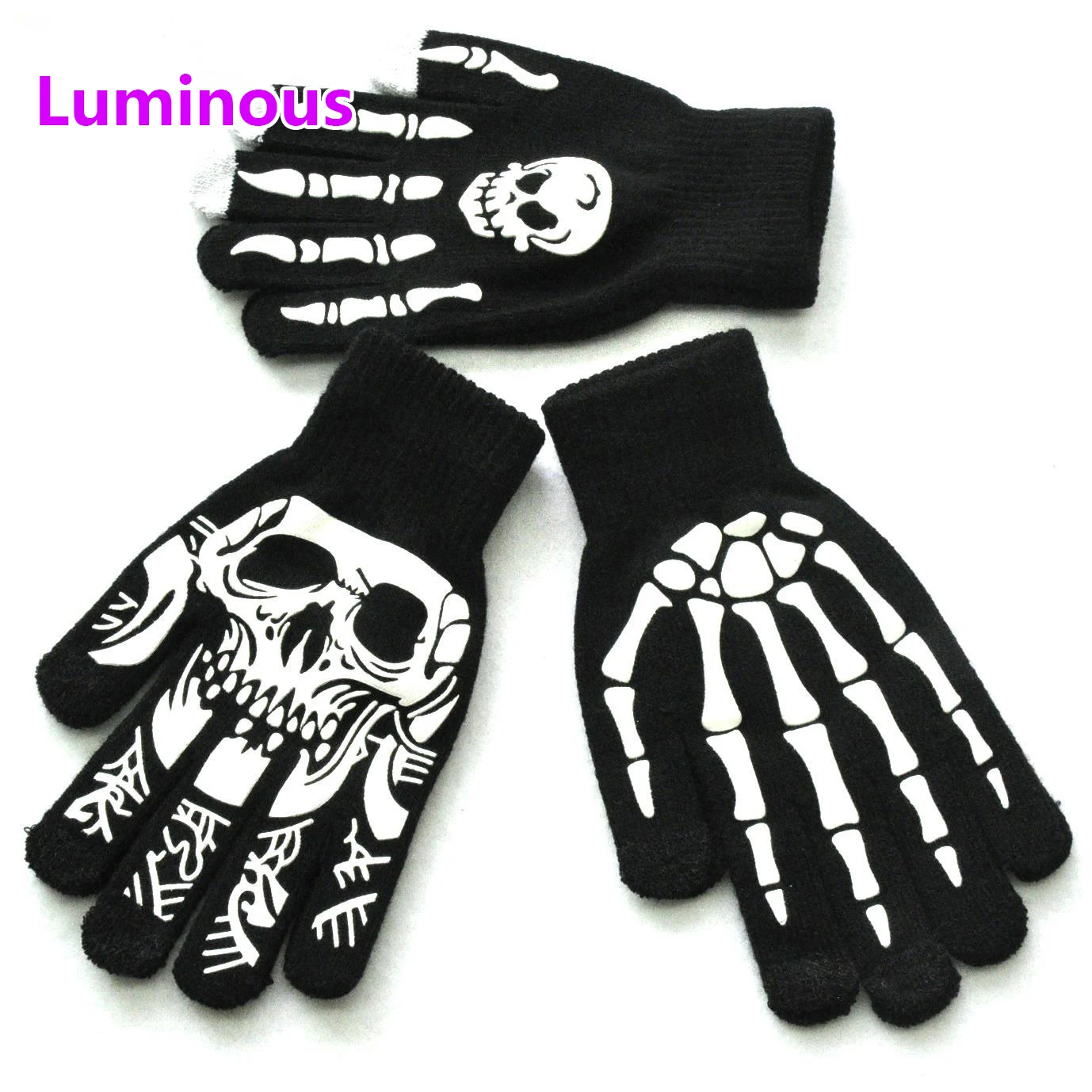 Adults Kids Halloween Skeleton Printing Luminous Gloves Stretch Knitted Gloves Halloween Accessories