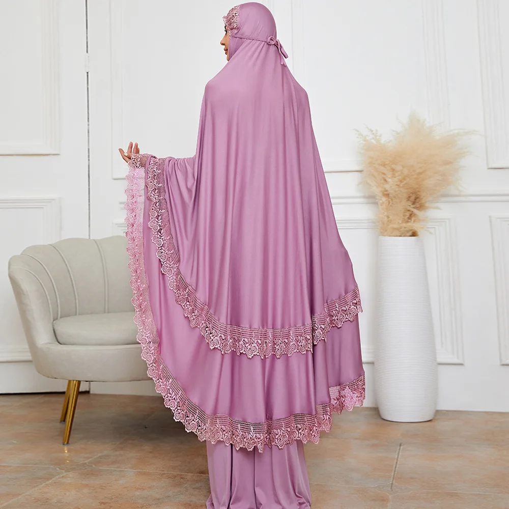Pink Embroidery Lace Women Islamic Clothing Two-piece Dresses Women Muslim Elastic Waist Indonesia Traditional Muslim Clothing
