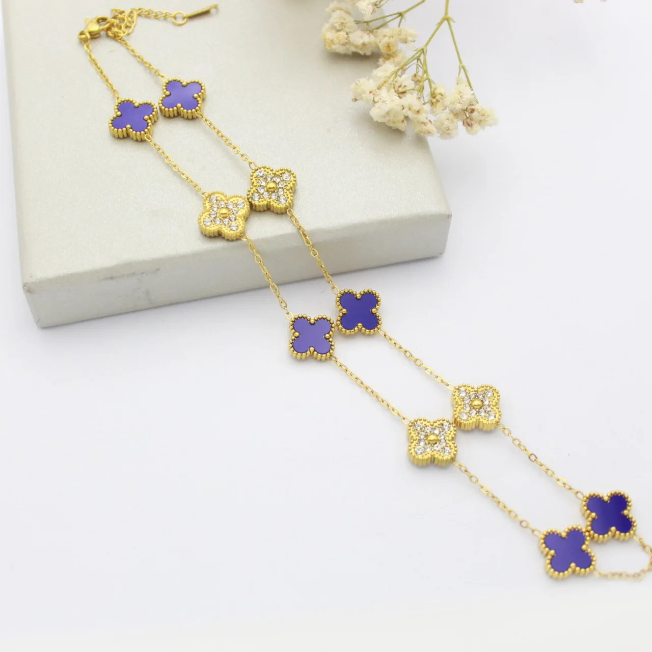 WY Popular 10 Flower Full Diamond Double-sided Four-leaf Clover Necklace Luxury Fashion Jewelry Pendant Stainless Steel Necklace