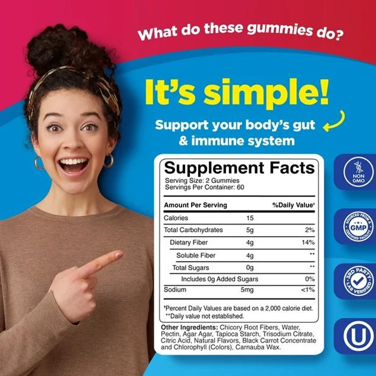 Prebiotic Fiber Supplement Gummies for Digestive and Immune Support Sugar Free Fiber Well Gummies With Private label wholesale