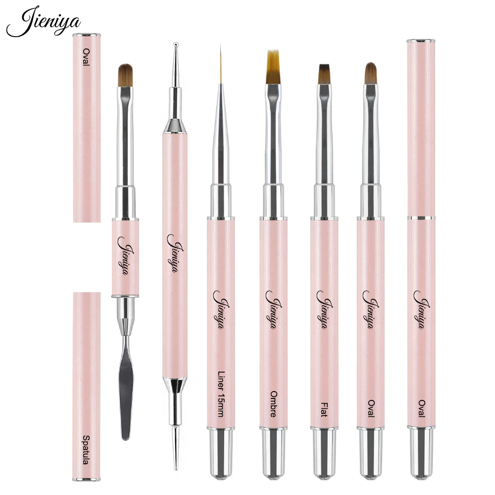 6 Pcs Pink Metal handle Liner/Oval/Ombre/flat gel brush dotting tool Spatula pen Professional Nail tools brush set Wholesale