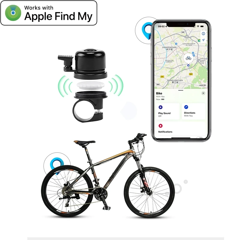 iPetDog Classic Bike Bell Black Find My Device Air tag Bike Mount Bicycle Bell For Air Tag Gps Tracker For iPhone15 Pro Max