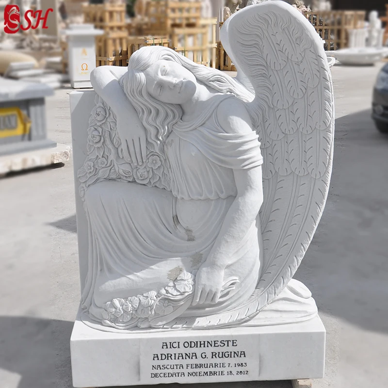 Customized Marble Tombstones Beautiful Sitting Angel Statue Monument For Cemetery