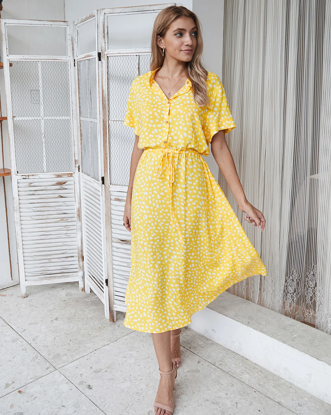 Women 2022 Short Sleeve Spring Summer Polka Dot Drawstring High Waist Midi Dress A Line Calf Length Casual Dresses