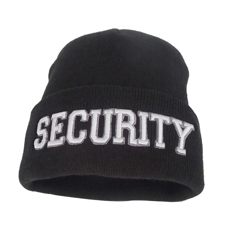 Wholesale security hat black knit beanie with letters worker mens winter hat cap toque cuff beanies embroidered logo custom