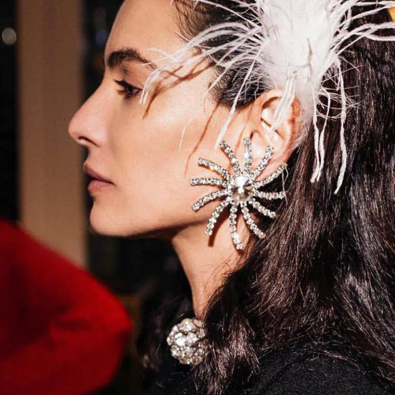 European and American Exaggerated Radial Sunflower Diamond Earrings 925 Silver Needle Cold Wind Earrings