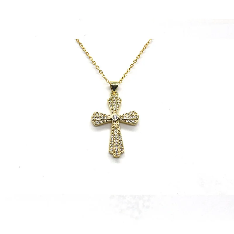 Jewelry Cross Necklace Wholesale Zirconia Brass Gold Plated Zircon Jesus Religious Cross Pendant Necklace