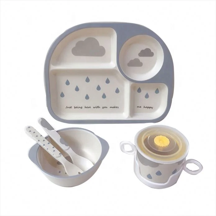 rectangle gray  cloud 4 divided bamboo fiber kid dinner ware set with cups