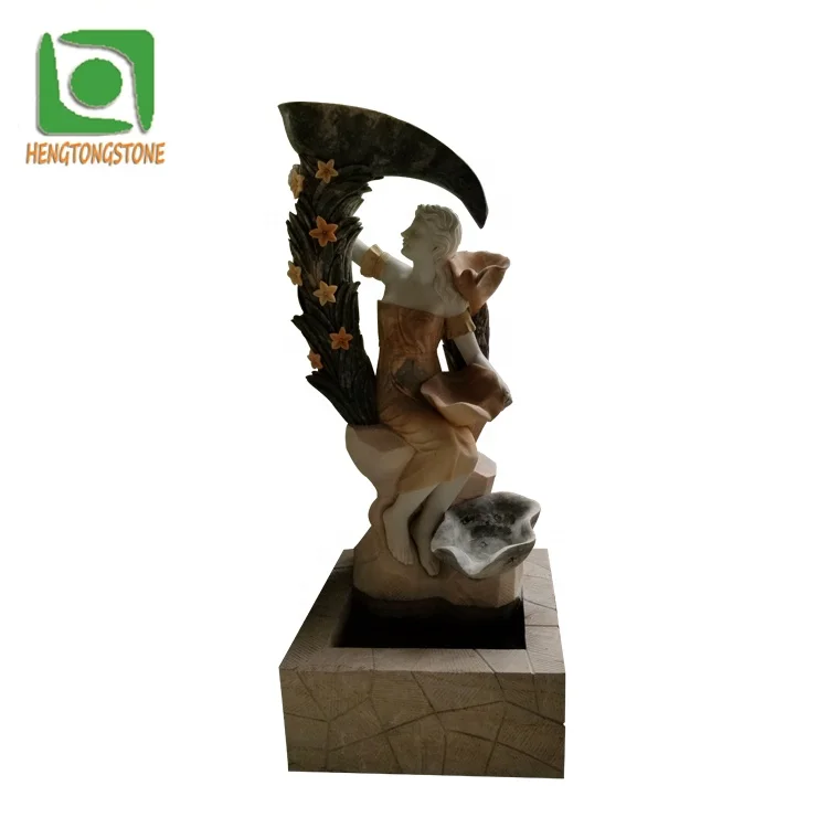 Garden Decoration Hand Carved White Marble Angel and Flower Pattern Engraving Round Stone Water Fountain