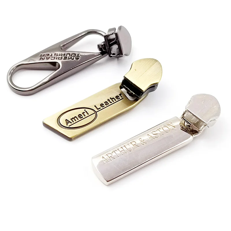 Free Design 3D Embossed Slider Jeans Pullers Handbag Custom Fashion Metal Zipper Tag Pull For Clothes