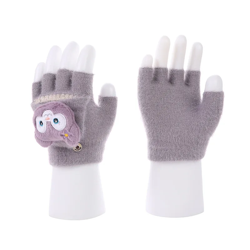 New winter cashmere half-finger flip-up gloves 2024 cartoon cute student warm thickened knitted gloves for men