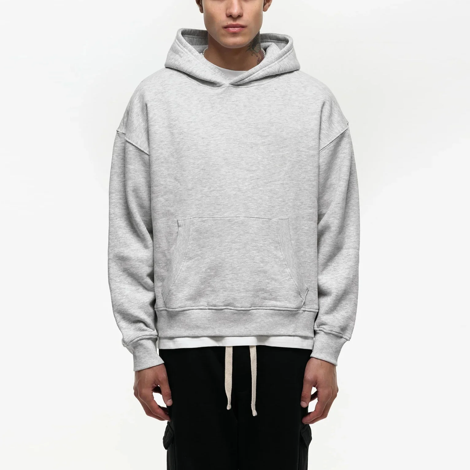 Manufacturer Factory Price Plain Oversized Hoodies Drop Shoulder Cotton Sweatshirts Grey Pullover with Front Kangaroo Pocket