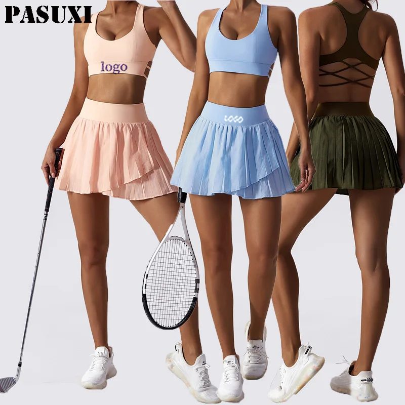 PASUXI 2023 Trend Custom High Quality Cross Sports Bra Quick Dry Yoga Running Women Pleated Tennis Set