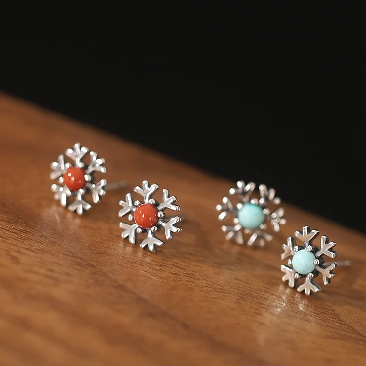 Fine 925 Silver Red Agate Turquoise Hexagonal Snowflake Stud Earrings For Women