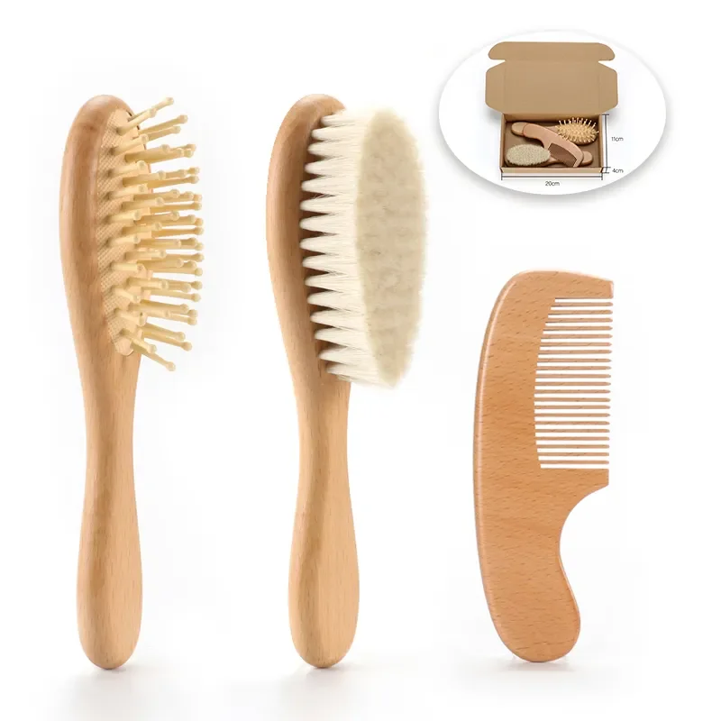 Customize LOGO Eco-friendly Wooden Baby Hair Brush for Newborn Baby Soft Wool Bristles Baby Brush and Comb Set