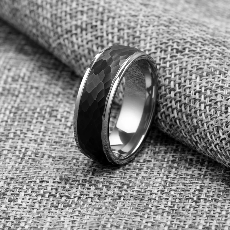 8MM Black Hammered Center Silver Tungsten Carbide Ring with Stepped Edges Titanium Bands