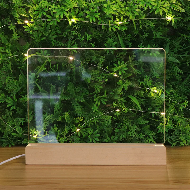 Wholesale Acrylic Night Light Message Writing Board With Rectangle Wood Base USB Led Night Light For Decoration