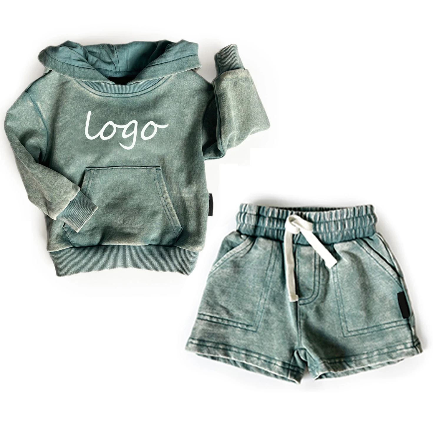 custom labels outfits summer kids clothes set Two Piece Outfits newborn baby clothes Green Wash Surf Camp Hoodie and Short sets