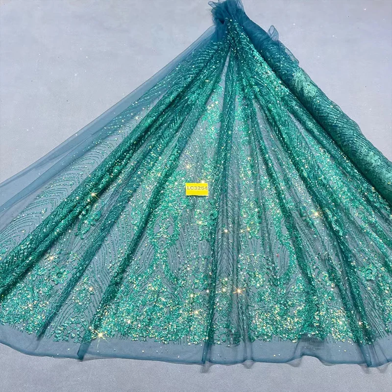 factory direct sale green glass glitter sequin tulle for bridal dress
