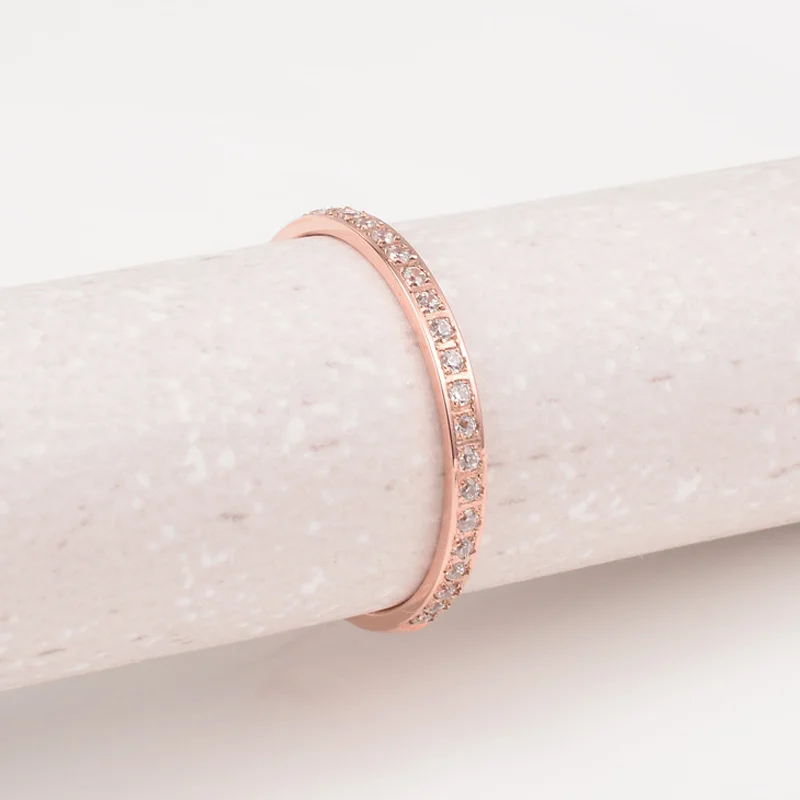 Tarnish Free Rose Gold Plated Cz Zircon Finger Ring Stainless Steel Smooth Full Zirconia Wedding Ring