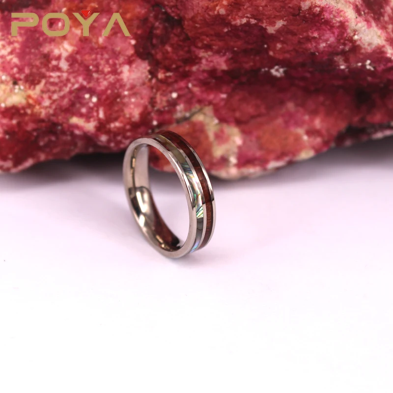 POYA Jewelry Titanium Hawaiian Koa Wood and Abalone Ring Comfort Fit 6mm Band