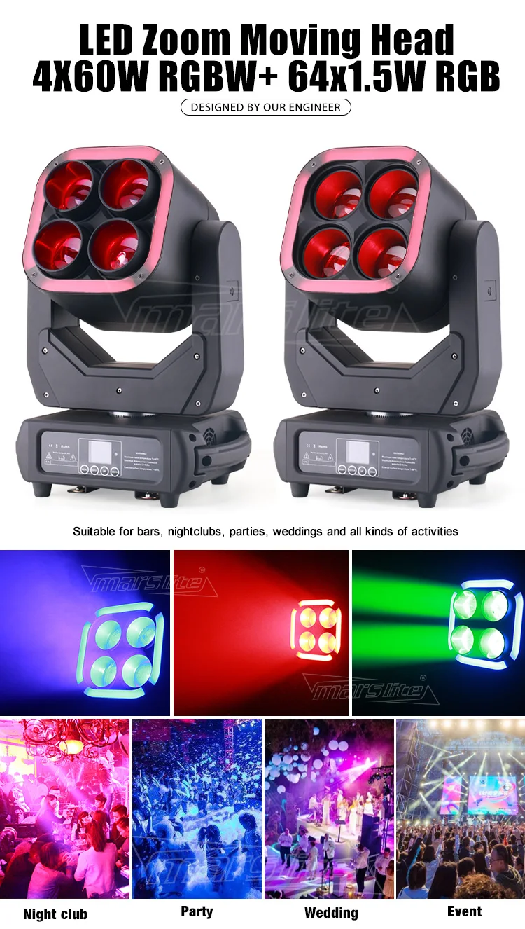Marslite New Design 4X60W RGBW LED Wash Beam Moving Head Zoom Light Show DMX DJ Club Stage LED Lighting