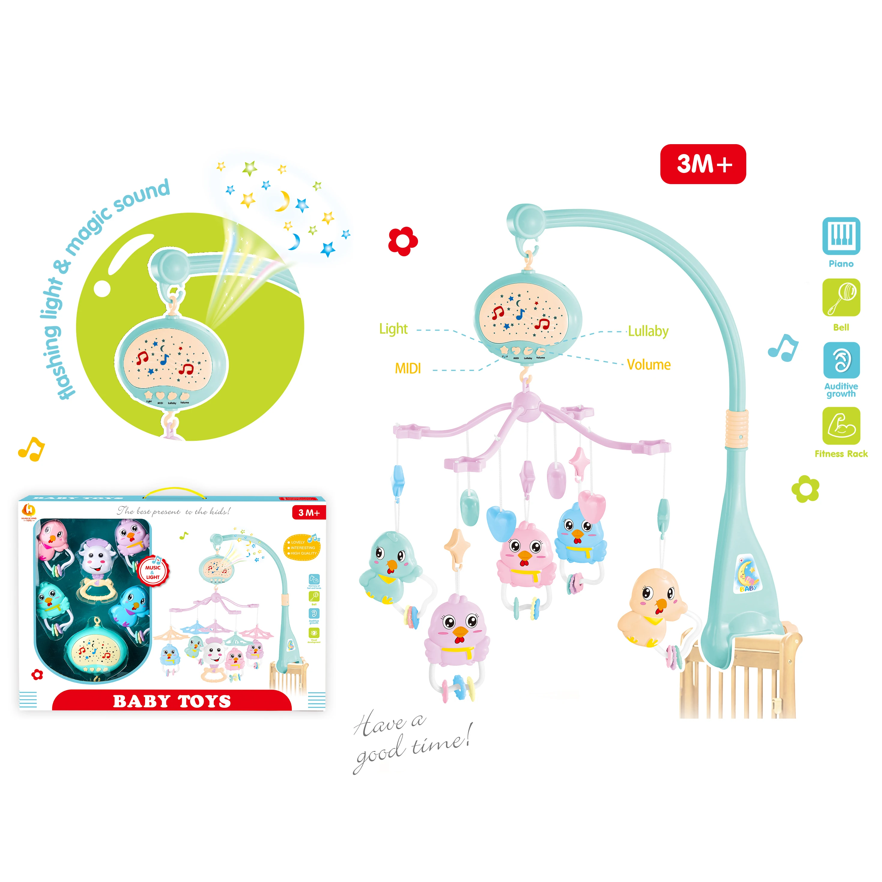 
New design infant baby bed bell comfortable sound revolving felt baby mobile with music 