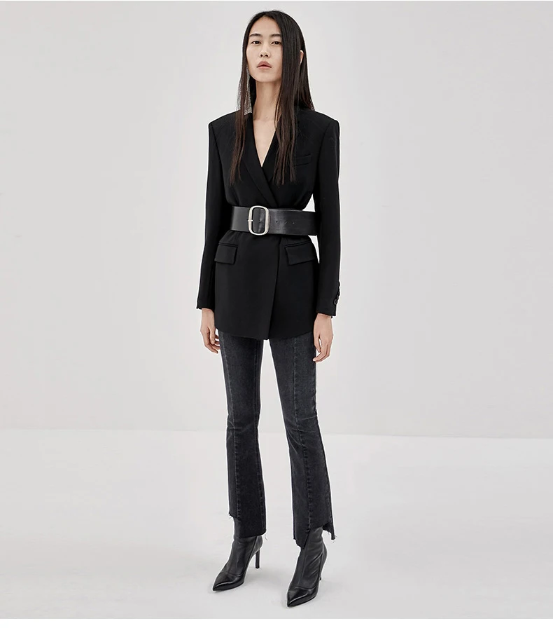 Autumn New retro lapel solid color black suit jacket, with wide leather belt, Ladies handsome wear