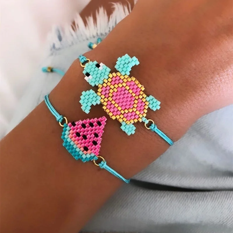 Boho Jewelry Miyuki Glass Seed Beads Hand-woven Blue Thin Rope Women Wrap Nylon Cord Fruit Watermelon Sea Life Turtle Bracelet