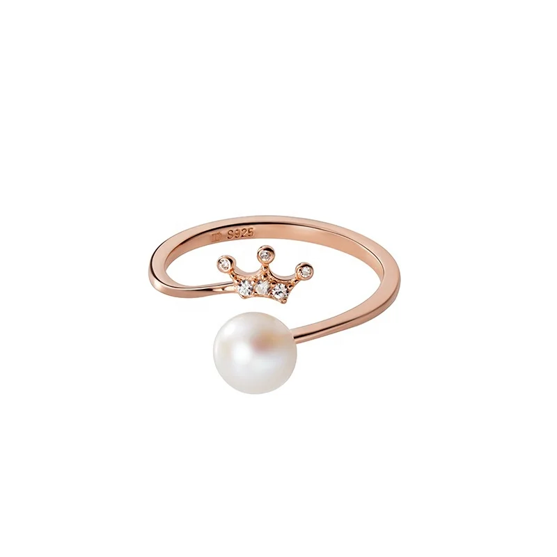 Korea jewelry rose gold plated 925 sterling silver cz diamond crown pearl adjustable ring for girls