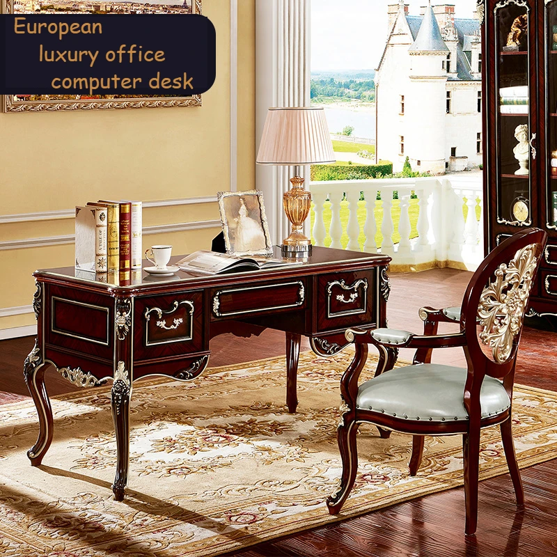 European solid wood computer desk and chair combination large family office desk study French American luxury villa table