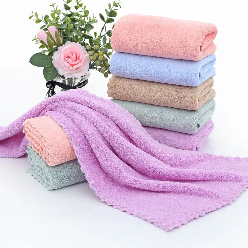 35*75 cm microfiber stock coral solid color wholesale cloth fleece quick dry hand towel with laser cut border