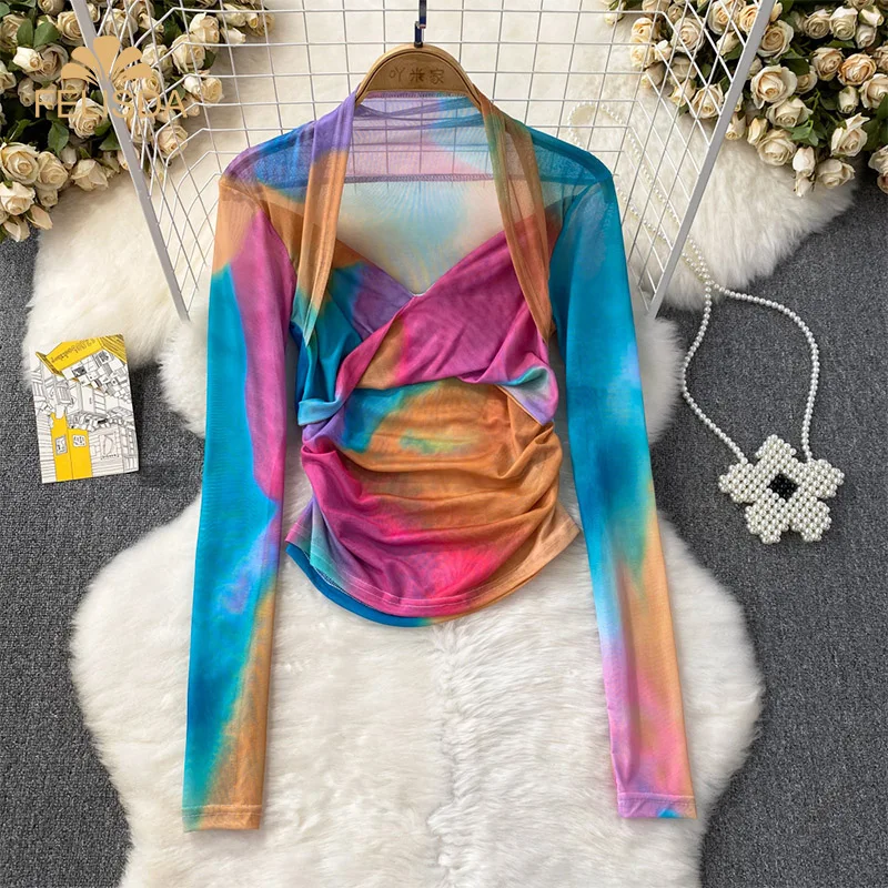 Summer Transparent Tie Dye Women Long Sleeve T-shirts Tops Girls Stretchy Mesh Sheath Tee Shirts Blouse Top