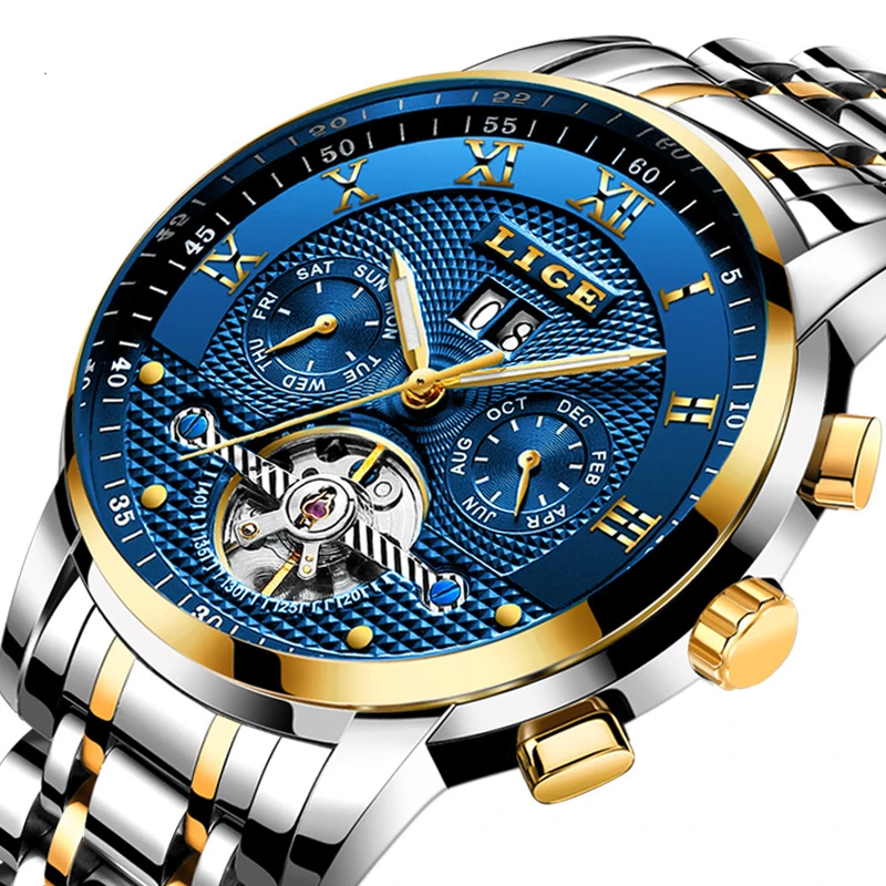 LIGE 9841 Mechanical Watches Luxury Business Full Automatic Watch Men Casual Waterproof Wristwatches Montre Homme Jam Tangan