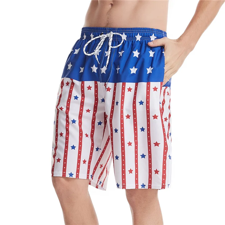 Custom 4 Way Stretch Printed American Flag Swim Shorts Men Beach Trunks