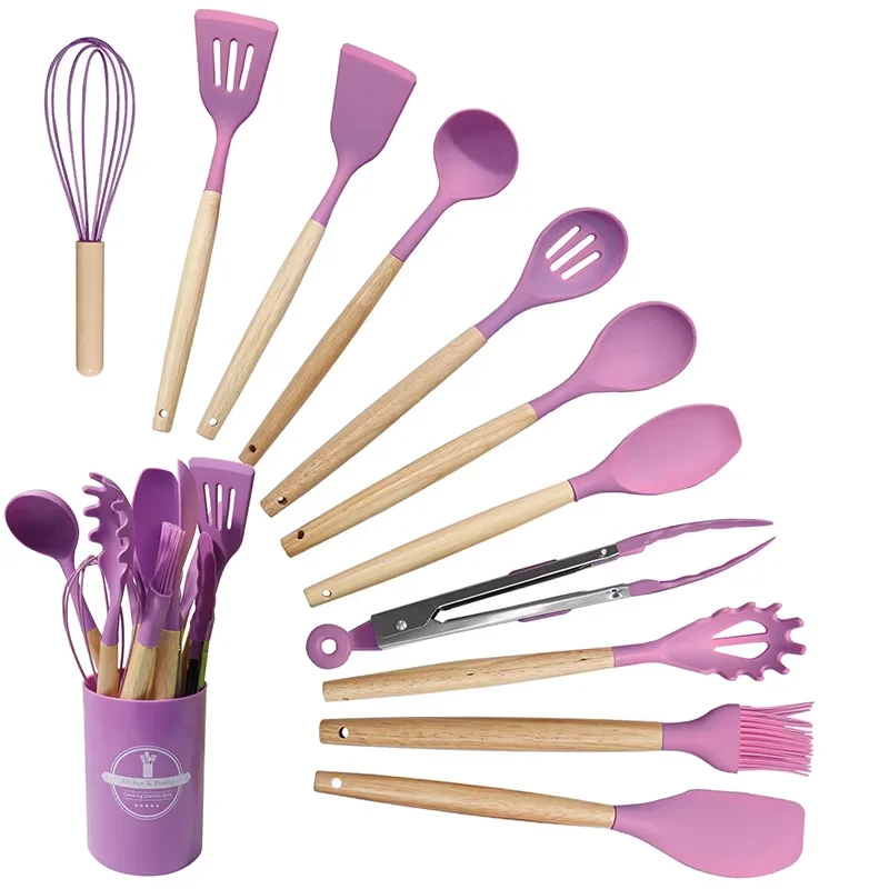 Multifunctional 12-piece Silicone kitchen utensils include flat spoon spatula scraper with wooden handle